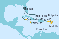 Visitando Tampa (Florida), Puerto Plata, Republica Dominicana, Charlotte Amalie (St. Thomas), Basseterre (Antillas), Philipsburg (St. Maarten), Road Town (Isla Tórtola/Islas Vírgenes), Falmouth (Jamaica), Gran Caimán (Islas Caimán), Tampa (Florida)