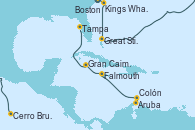 Visitando Boston (Massachusetts), Kings Wharf (Bermudas), Great Stirrup Cay (Bahamas), Cerro Brujo (Isla San Cristóbal/Galápagos), Aruba (Antillas), Colón, Falmouth (Jamaica), Gran Caimán (Islas Caimán), Tampa (Florida)