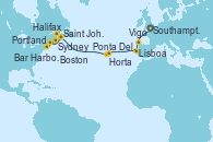 Visitando Southampton (Inglaterra), Vigo (España), Lisboa (Portugal), Ponta Delgada (Azores), Horta (Islas Azores), Saint John (New Brunswick/Canadá), Sydney (Nueva Escocia/Canadá), Halifax (Canadá), Portland (Maine/Estados Unidos), Bar Harbor (Maine), Boston (Massachusetts)