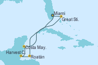 Visitando Miami (Florida/EEUU), Roatán (Honduras), Harvest Caye (Belize), Costa Maya (México), Great Stirrup Cay (Bahamas), Miami (Florida/EEUU)