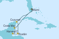 Visitando Miami (Florida/EEUU), Cozumel (México), Roatán (Honduras), Harvest Caye (Belize), Costa Maya (México), Miami (Florida/EEUU)
