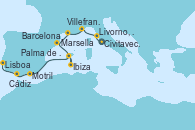 Visitando Civitavecchia (Roma), Livorno, Pisa y Florencia (Italia), Villefranche (Niza/Mónaco/Francia), Marsella (Francia), Barcelona, Ibiza (España), Palma de Mallorca (España), Motril (Granada/Andalucía), Cádiz (España), Lisboa (Portugal)
