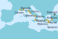 Visitando Estambul (Turquía), Kusadasi (Efeso/Turquía), Mykonos (Grecia), Atenas (Grecia), Santorini (Grecia), Messina (Sicilia), Salerno (Italia), Livorno, Pisa y Florencia (Italia), Marsella (Francia), Cannes (Francia), Civitavecchia (Roma)