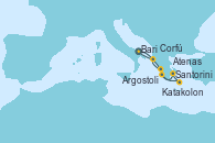Visitando Bari (Italia), Santorini (Grecia), Atenas (Grecia), Katakolon (Olimpia/Grecia), Argostoli (Grecia), Corfú (Grecia), Bari (Italia)