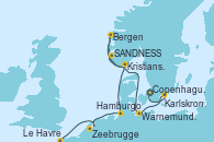 Visitando Copenhague (Dinamarca), Karlskrona (Suecia), Warnemunde (Alemania), SANDNESS (STAVANGER), Bergen (Noruega), Kristiansand (Noruega), Hamburgo (Alemania), Zeebrugge (Bruselas), Le Havre (Francia)