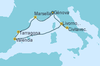 Visitando Génova (Italia), Marsella (Francia), Tarragona (España), Valencia, Livorno, Pisa y Florencia (Italia), Civitavecchia (Roma), Génova (Italia)