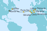 Visitando Nueva York (Estados Unidos), Halifax (Canadá), Ponta Delgada (Azores), Ponta Delgada (Azores), Lisboa (Portugal), Cádiz (España), Gibraltar (Inglaterra), Palma de Mallorca (España), Marsella (Francia), Barcelona