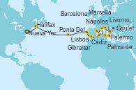 Visitando Nueva York (Estados Unidos), Halifax (Canadá), Ponta Delgada (Azores), Ponta Delgada (Azores), Lisboa (Portugal), Cádiz (España), Gibraltar (Inglaterra), Palma de Mallorca (España), Marsella (Francia), Barcelona, La Goulette (Tunez), Palermo (Italia), Nápoles (Italia), Livorno, Pisa y Florencia (Italia)