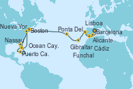 Visitando Barcelona, Alicante (España), Gibraltar (Inglaterra), Cádiz (España), Lisboa (Portugal), Lisboa (Portugal), Funchal (Madeira), Ponta Delgada (Azores), Ponta Delgada (Azores), Boston (Massachusetts), Boston (Massachusetts), Nueva York (Estados Unidos), Puerto Cañaveral (Florida), Ocean Cay MSC Marine Reserve (Bahamas), Nassau (Bahamas), Nueva York (Estados Unidos)