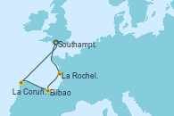 Visitando Southampton (Inglaterra), La Rochelle (Francia), Bilbao (España), La Coruña (Galicia/España), Southampton (Inglaterra)