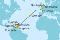 Visitando Rotterdam (Holanda), Southampton (Inglaterra), Le Havre (Francia), Ponta Delgada (Azores), Bridgetown (Barbados), Basseterre (Antillas), St. John´s (Antigua y Barbuda), Roseau (Dominica), Fuerte de France (Martinica)