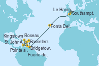 Visitando Southampton (Inglaterra), Le Havre (Francia), Ponta Delgada (Azores), Bridgetown (Barbados), Basseterre (Antillas), St. John´s (Antigua y Barbuda), Roseau (Dominica), Fuerte de France (Martinica), Pointe a Pitre (Guadalupe), Kingstown (Granadinas), Bridgetown (Barbados)