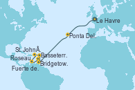 Visitando Le Havre (Francia), Ponta Delgada (Azores), Bridgetown (Barbados), Basseterre (Antillas), St. John´s (Antigua y Barbuda), Roseau (Dominica), Fuerte de France (Martinica)