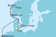 Visitando Rotterdam (Holanda), Kiel (Alemania), Copenhague (Dinamarca), Flam (Noruega), Bergen (Noruega), Stavanger (Noruega), Kiel (Alemania)