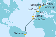 Visitando Hamburgo (Alemania), Southampton (Inglaterra), Le Havre (Francia), Gijón (Asturias/España), La Coruña (Galicia/España), Funchal (Madeira), Santa Cruz de Tenerife (España), Salvador de Bahía (Brasil)