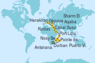 Visitando Durban (Sudáfrica), Pointe des Galets (Francia), Port Louis  (Mauricio), Antsiranana (Diego Suarez/Madagascar), Nosy Be (Madagascar), Puerto Victoria (Seychelles), Aqaba (Jordania), Sharm El Sheik (Egipto), Canal Suez, Canal Suez, Rodas (Grecia), Heraklion (Creta), Génova (Italia)