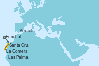 Visitando Funchal (Madeira), Santa Cruz de Tenerife (España), La Gomera (Islas Canarias/España), Santa Cruz de la Palma (España), Arrecife (Lanzarote/España), Las Palmas de Gran Canaria (España), Santa Cruz de la Palma (España), Funchal (Madeira)