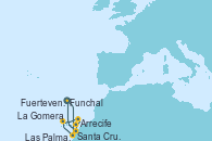 Visitando Funchal (Madeira), Santa Cruz de Tenerife (España), La Gomera (Islas Canarias/España), Fuerteventura (Canarias/España), Arrecife (Lanzarote/España), Las Palmas de Gran Canaria (España), Santa Cruz de Tenerife (España), Funchal (Madeira)