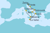 Visitando Trieste (Italia), Zadar (Croacia), Dubrovnik (Croacia), Bari (Italia), Corfú (Grecia), La Valletta (Malta), Messina (Sicilia), Civitavecchia (Roma)