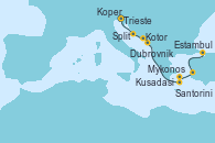 Visitando Trieste (Italia), Koper (Eslovenia), Split (Croacia), Kotor (Montenegro), Dubrovnik (Croacia), Santorini (Grecia), Mykonos (Grecia), Kusadasi (Efeso/Turquía), Estambul (Turquía)