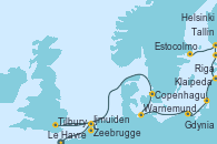 Visitando Le Havre (Francia), Zeebrugge (Bruselas), Tilbury (Gran Bretaña), Ijmuiden (Ámsterdam), Copenhague (Dinamarca), Warnemunde (Alemania), Gdynia (Polonia), Klaipeda (Lituania), Riga (Letonia), Tallin (Estonia), Helsinki (Finlandia), Estocolmo (Suecia)