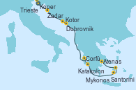 Visitando Trieste (Italia), Koper (Eslovenia), Zadar (Croacia), Kotor (Montenegro), Dubrovnik (Croacia), Corfú (Grecia), Katakolon (Olimpia/Grecia), Santorini (Grecia), Mykonos (Grecia), Atenas (Grecia)
