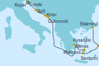 Visitando Trieste (Italia), Koper (Eslovenia), Split (Croacia), Kotor (Montenegro), Dubrovnik (Croacia), Atenas (Grecia), Mykonos (Grecia), Santorini (Grecia), Kusadasi (Efeso/Turquía), Estambul (Turquía)