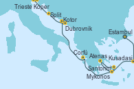 Visitando Estambul (Turquía), Kusadasi (Efeso/Turquía), Santorini (Grecia), Atenas (Grecia), Mykonos (Grecia), Corfú (Grecia), Kotor (Montenegro), Dubrovnik (Croacia), Split (Croacia), Koper (Eslovenia), Trieste (Italia)