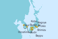 Visitando Tokio (Japón), Shimizu (Japón), Nagoya (Japón), Kobe (Japón), Kobe (Japón), Kochi (Japón), Hiroshima (Japón), Beppu (Japón), Busán (Corea del Sur), Seul (Corea del Sur), Seul (Corea del Sur)