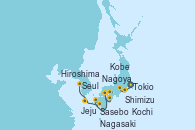 Visitando Tokio (Japón), Shimizu (Japón), Nagoya (Japón), Kobe (Japón), Kobe (Japón), Kochi (Japón), Hiroshima (Japón), Sasebo (Japón), Nagasaki (Japón), Jeju (Corea del Sur), Seul (Corea del Sur), Seul (Corea del Sur)