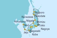 Visitando Tokio (Japón), Shimizu (Japón), Kobe (Japón), Nagoya (Japón), Hakodate (Japón), Sapporo (Japón), Niigata (Japón), Kanazawa (Japón), Hiroshima (Japón), Nagasaki (Japón), Jeju (Corea del Sur), Seul (Corea del Sur), Seul (Corea del Sur)
