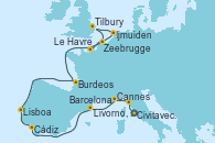 Visitando Civitavecchia (Roma), Livorno, Pisa y Florencia (Italia), Cannes (Francia), Barcelona, Cádiz (España), Lisboa (Portugal), Burdeos (Francia), Ijmuiden (Ámsterdam), Tilbury (Gran Bretaña), Zeebrugge (Bruselas), Le Havre (Francia)