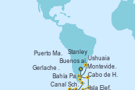 Visitando Buenos aires, Ushuaia (Argentina), Cabo de Hornos (Chile), Bahía Paraíso (Antártida), Canal Schollart (Antártida), Gerlache Strait (Antártida), Isla Elefante (Antártida), Stanley (Malvinas), Puerto Madryn (Argentina), Montevideo (Uruguay), Buenos aires