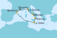 Visitando Marsella (Francia), La Spezia, Florencia y Pisa (Italia), Nápoles (Italia), Palermo (Italia), La Valletta (Malta), Barcelona