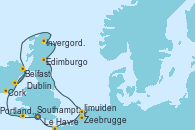 Visitando Southampton (Inglaterra), Le Havre (Francia), Zeebrugge (Bruselas), Ijmuiden (Ámsterdam), Edimburgo (Escocia), Invergordon (Escocia), Dublin (Irlanda), Belfast (Irlanda), Cork (Irlanda), Portland, Dorset (Reino Unido), Southampton (Inglaterra)