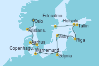 Visitando Oslo (Noruega), Kristiansand (Noruega), Aarhus (Dinamarca), Copenhague (Dinamarca), Warnemunde (Alemania), Gdynia (Polonia), Visby (Suecia), Riga (Letonia), Tallin (Estonia), Helsinki (Finlandia), Estocolmo (Suecia)