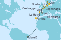 Visitando Maceió (Brasil), Funchal (Madeira), Vigo (España), Gijón (Asturias/España), Southampton (Inglaterra), Le Havre (Francia), Zeebrugge (Bruselas), Copenhague (Dinamarca), Oslo (Noruega), Hamburgo (Alemania)