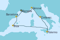 Visitando Marsella (Francia), Génova (Italia), Civitavecchia (Roma), Palermo (Italia), Ibiza (España), Barcelona, Marsella (Francia)