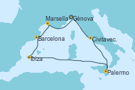 Visitando Génova (Italia), Civitavecchia (Roma), Palermo (Italia), Ibiza (España), Barcelona, Marsella (Francia), Génova (Italia)
