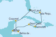 Visitando Fort Lauderdale (Florida/EEUU), Isla Pequeña (San Salvador/Bahamas), Falmouth (Jamaica), Gran Caimán (Islas Caimán), Belize (Caribe), Bahia de Mahogany (Honduras), Cozumel (México), Fort Lauderdale (Florida/EEUU)