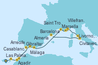 Visitando Las Palmas de Gran Canaria (España), Arrecife (Lanzarote/España), Agadir (Marruecos), Casablanca (Marruecos), Gibraltar (Inglaterra), Málaga, Almería (España), Marsella (Francia), Saint Tropez (Francia), Villefranche (Niza/Mónaco/Francia), Livorno, Pisa y Florencia (Italia), Civitavecchia (Roma), Barcelona