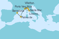 Visitando Niza (Francia), Santa Margarita (Italia), Porto Venere (Italia), Livorno, Pisa y Florencia (Italia), Livorno, Pisa y Florencia (Italia), Villefranche (Niza/Mónaco/Francia), Palma de Mallorca (España), Barcelona
