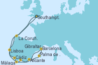 Visitando Southampton (Inglaterra), La Coruña (Galicia/España), Cádiz (España), Málaga, Alicante (España), Palma de Mallorca (España), Barcelona, Gibraltar (Inglaterra), Lisboa (Portugal), Southampton (Inglaterra)