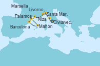 Visitando Civitavecchia (Roma), Livorno, Pisa y Florencia (Italia), Livorno, Pisa y Florencia (Italia), Santa Margarita (Italia), Niza (Francia), Marsella (Francia), Palamos (Gerona/España), Mahón (Menorca/España), Barcelona