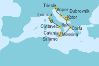 Visitando Civitavecchia (Roma), Livorno, Pisa y Florencia (Italia), Salerno (Italia), Messina (Sicilia), Catania (Sicilia), Corfú (Grecia), Kotor (Montenegro), Dubrovnik (Croacia), Split (Croacia), Koper (Eslovenia), Trieste (Italia)