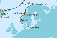 Visitando Reykjavik (Islandia), Ísafjörður (Islandia), Akureyri (Islandia), Longyearbyen (Noruega), Longyearbyen (Noruega), Honningsvag (Noruega), Trondheim (Noruega), Aalesund (Noruega), Bergen (Noruega), Copenhague (Dinamarca)
