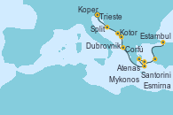 Visitando Trieste (Italia), Koper (Eslovenia), Split (Croacia), Dubrovnik (Croacia), Kotor (Montenegro), Corfú (Grecia), Santorini (Grecia), Atenas (Grecia), Mykonos (Grecia), Esmirna (Turquía), Estambul (Turquía)