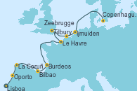 Visitando Lisboa (Portugal), Oporto (Portugal), La Coruña (Galicia/España), Bilbao (España), Burdeos (Francia), Le Havre (Francia), Tilbury (Gran Bretaña), Zeebrugge (Bruselas), Ijmuiden (Ámsterdam), Copenhague (Dinamarca)