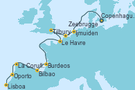 Visitando Copenhague (Dinamarca), Ijmuiden (Ámsterdam), Zeebrugge (Bruselas), Tilbury (Gran Bretaña), Le Havre (Francia), Burdeos (Francia), Bilbao (España), La Coruña (Galicia/España), Oporto (Portugal), Lisboa (Portugal)