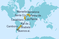 Visitando Buenos aires, Camboriu, Brazil, Ilhabela (Brasil), Río de Janeiro (Brasil), Las Palmas de Gran Canaria (España), Santa Cruz de Tenerife (España), Casablanca (Marruecos), Palma de Mallorca (España), Barcelona, Marsella (Francia)